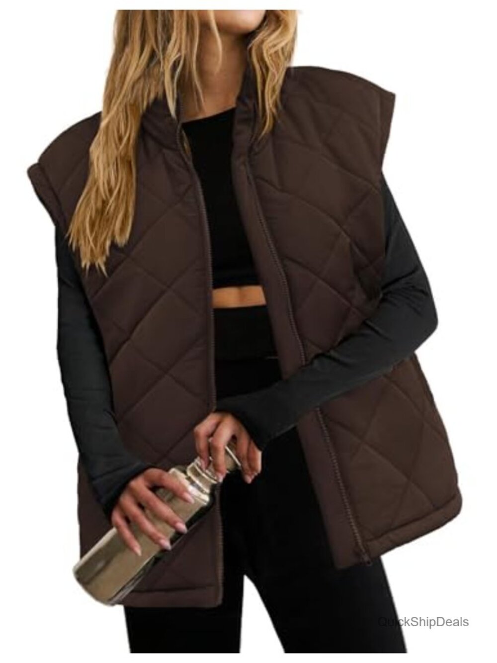 Oversized Puffer Vest Sleeveless Quilted Zip Up Stand Collar Lightweight Winter